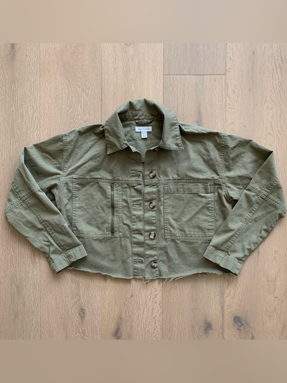 Topshop olive green denim crop jacket with factory frayed bottom hem XS